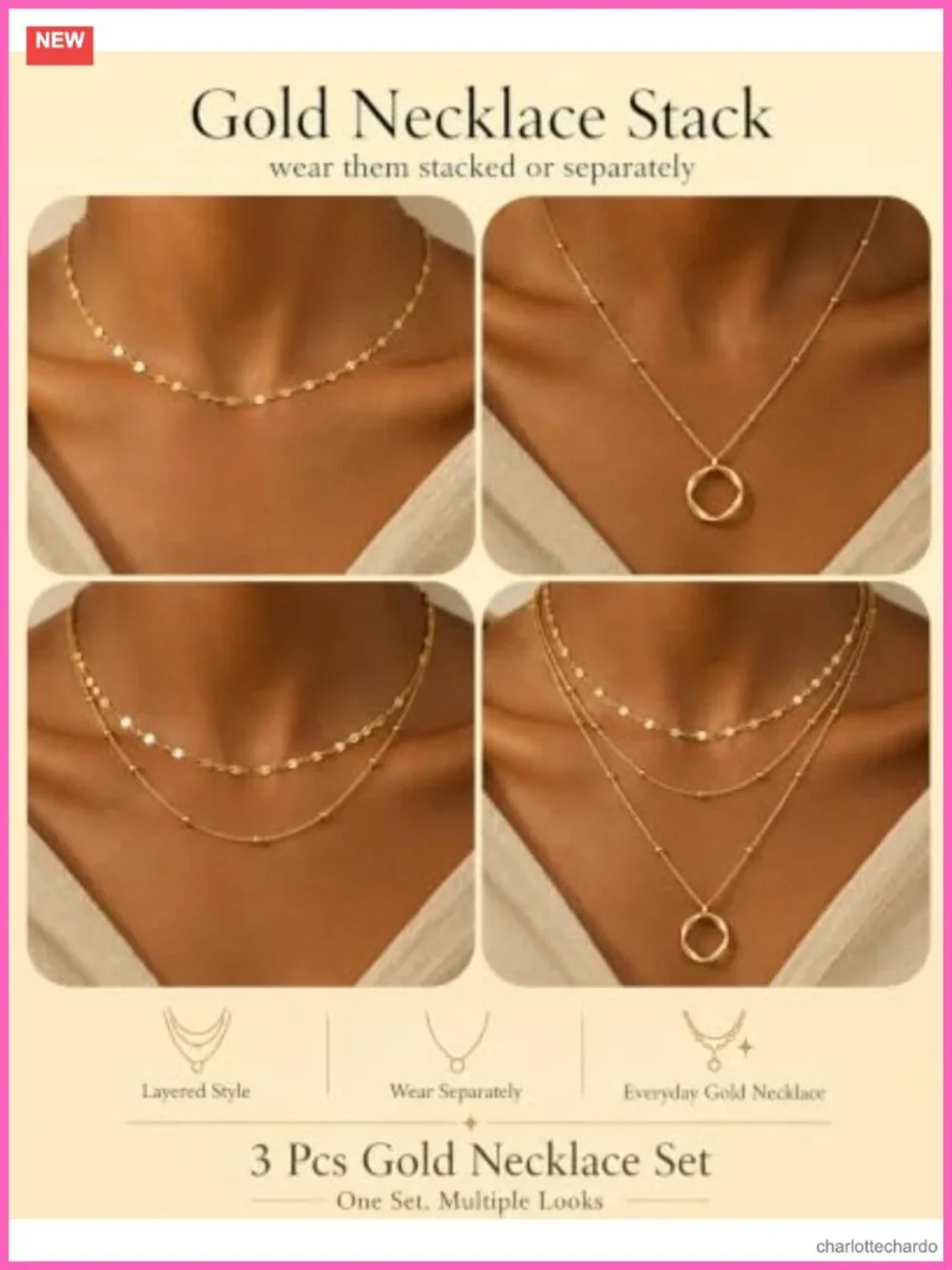 14K Gold Plated 3 Pc Layered Necklaces for Women